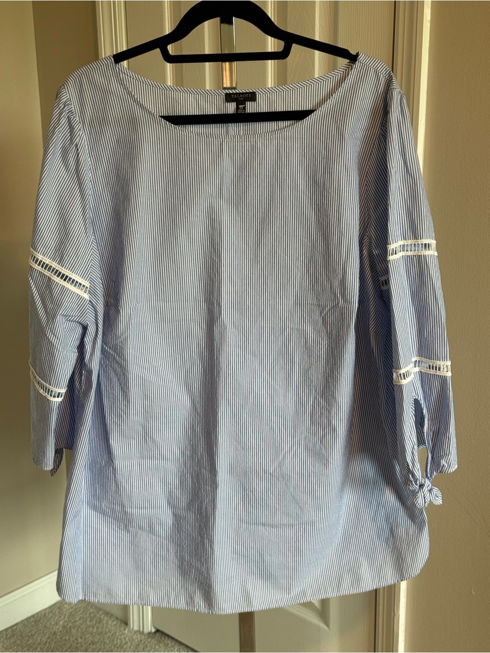 Talbots Blue-and-White Pinstriped Boatneck Blouse with Lace Trim